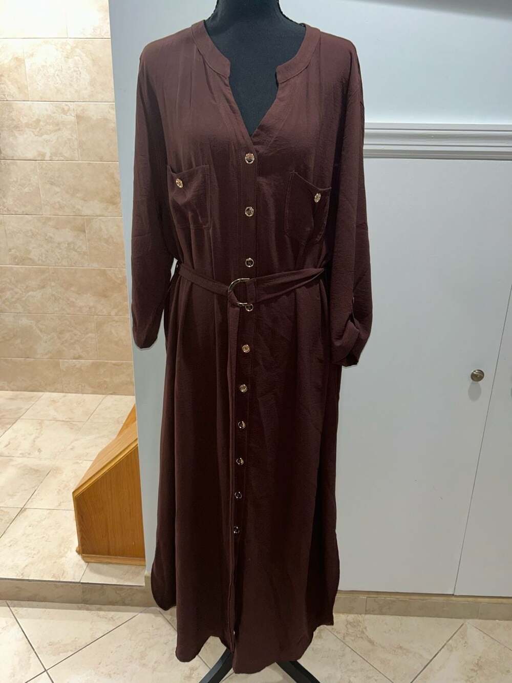 Chocolate Brown Button-Down Belted Shirt Dress with Metal Buckle